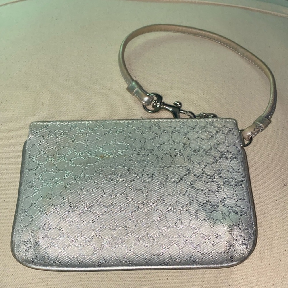 Coach Mini Skinny Wristlet Coin Purse in Silver Metallic C Logo cloth EUC